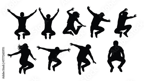 Dynamic jumping people silhouettes isolated on white background, Vector