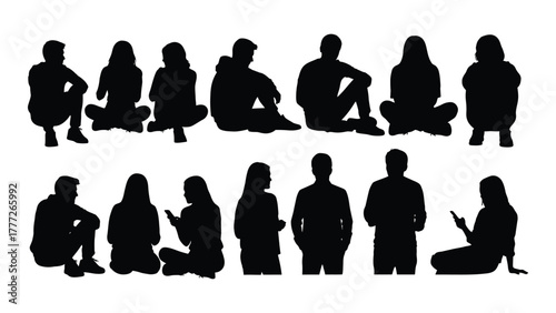 Diverse silhouettes of people sitting and standing isolated on white background, Vector
