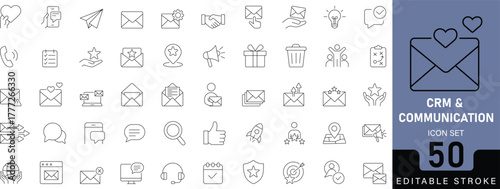 50 editable stroke vector icons of email, message, chat, and communication symbols. Perfect for CRM, support, marketing, business, and app design projects.