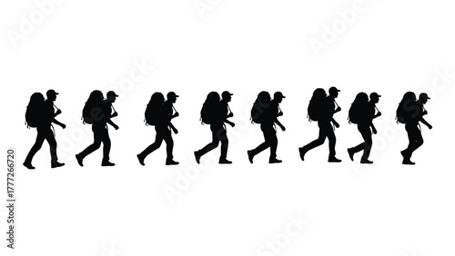 Row of backpackers silhouettes isolated on white background, Vector