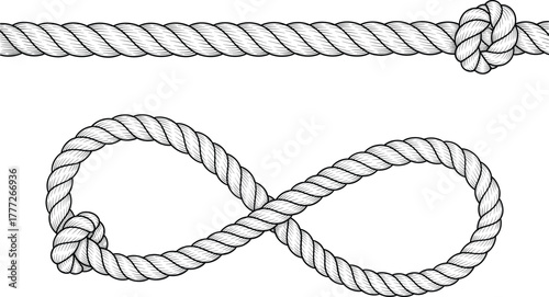 Rope knot and infinity loop illustration, nautical design, marine rope vector drawing