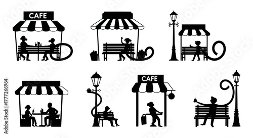 Silhouettes of Cafe Scene Illustrations Set Vector: Outdoor Seating, City Life, Bistro, People Relaxing, Street Bench, Lamppost, Urban Lifestyle, Isolated Design Elements