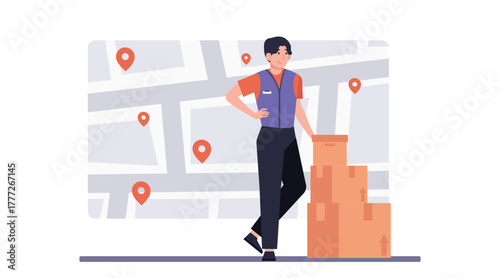 Man checking parcels with location pins and boxes in warehouse. Online delivery service illustration