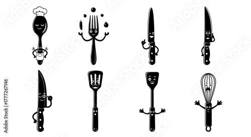 Cute Kitchen Utensils Characters Set Funny Spoon Fork Knife Spatula Whisk Smiling Food Cooking Vector Illustration Tableware Tools Accessories Happy Design Cartoon