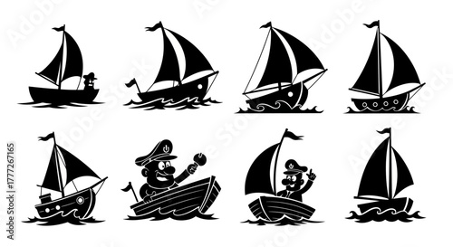 Set of Sailboats Vector Illustration Sailing Ships Marine Nautical Theme Sea Ocean Transport Boat Vessels Watercraft Cartoon Style Nautical