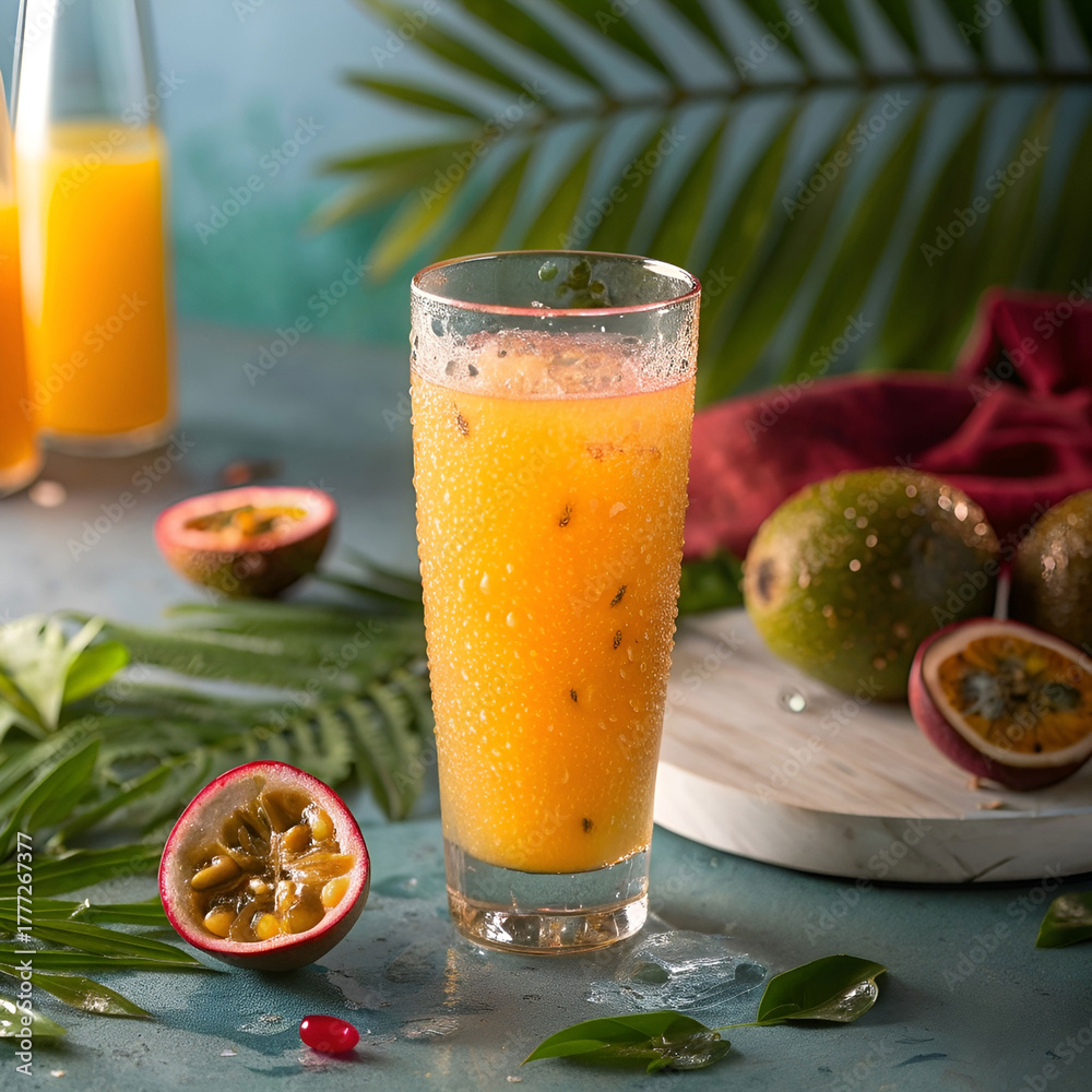 Fototapeta premium orange passion fruit juice tropical decor around