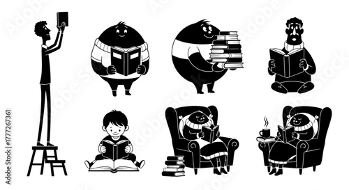 Reading People Vector Set: Diverse Silhouette Illustrations of People Reading Books for Library and Educational Designs