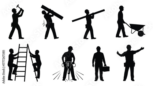 Construction workers silhouettes collection isolated on white background, Vector