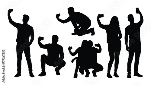 People taking selfies silhouettes isolated on white background, Vector