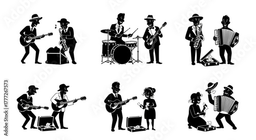 Jass Band Vector Set Silhouette Characters Musician with Instruments Black and White Retro Fashion Illustration Graphics Design