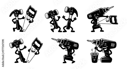 Cartoon Tools Characters Set Vector Illustration Smiling Hammer Saw and Drill Funny Hardware Mascot Repair Icons in Black and White Style