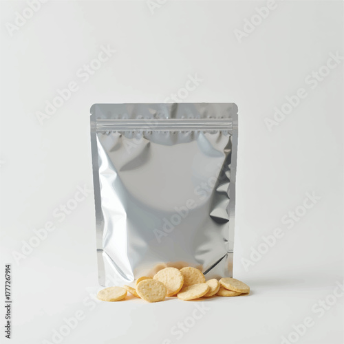 3D Chips, snacks packing bag mockups, Mockup Blank Foil Food Stand Up Pouch Snack Sachet Bag Packaging. Illustration Isolated On White Background.Potato chips packaging design Reaalistic 3d icon