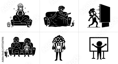 Watching Entertainment Silhouettes Enjoying Leisure Time Scared Surprised Shocked Excited Relaxing Couple People with Popcorn Vector Illustration
