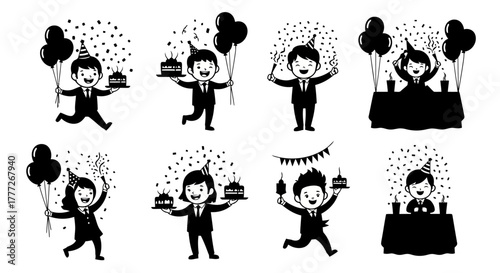 Cartoon People Celebrating Birthday with Cake Balloons and Confetti Set of Businessmen and Businesswomen in Hats at Table