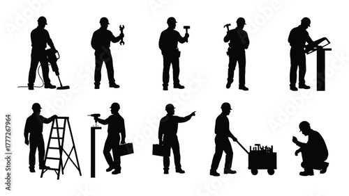 Construction workers and handymen silhouettes with tools isolated on white background, Vector