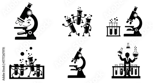 Science Laboratory Cartoon Microscope and Test Tubes with Smiling Faces Chemistry Research Equipment Silhouette Vector Illustration