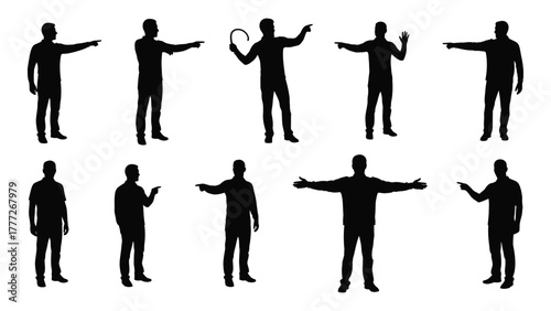 Male silhouettes pointing and gesturing isolated on white background, Vector