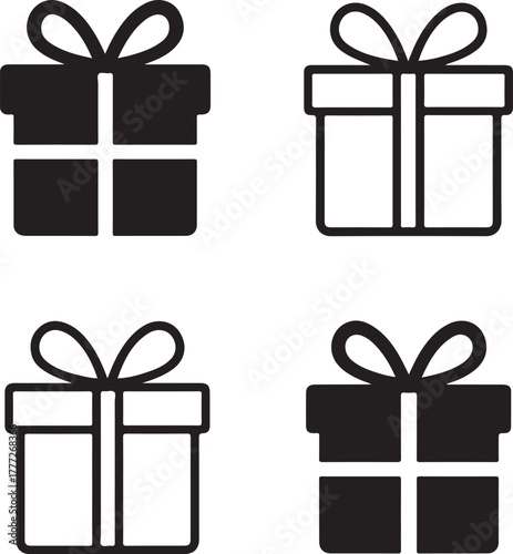 Gift box icon set, present package gift symbols, editable black vector, solid black line outline filled minimal thin stroke, celebration and holiday gift box icons for buyers