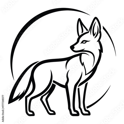 Golden Jackal standing with crescent circle line art logo design
