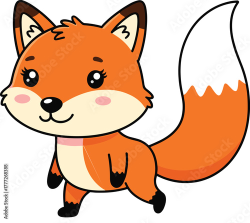 Cute cartoon fox illustration, smiling animal character with big eyes, bushy tail, walking pose, children’s mascot design, playful wildlife artwork