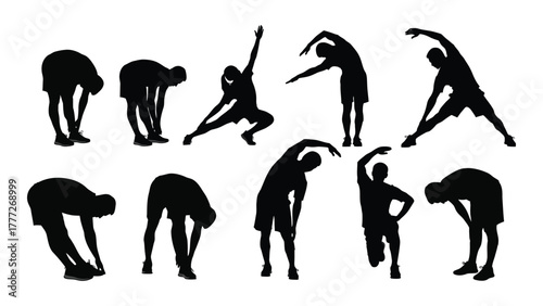 Set of stretching and exercise silhouettes isolated on white background, Vector
