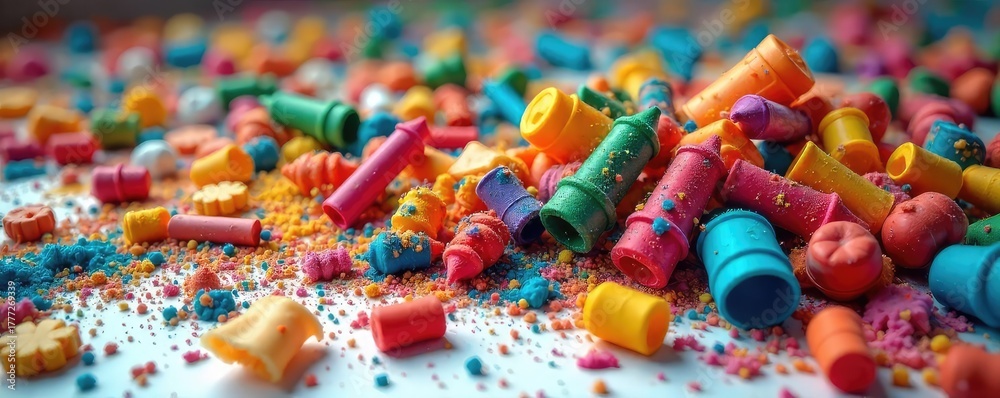 Obraz premium A vibrant, chaotic pile of broken colorful toys, paint splatters and discarded crayons creating a scene of playful destruction , pink, hues
