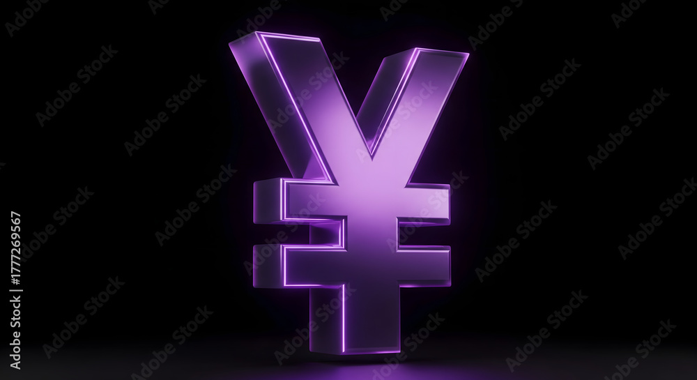 Obraz premium Gleaming Yen Symbol: A striking, purple-hued Yen symbol emanates financial allure, radiating strength against a dark backdrop.