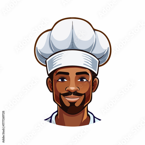 African American chef headshot with toque in cartoon vector art style illustration