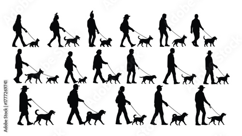 People walking pets silhouettes isolated on white background, Vector