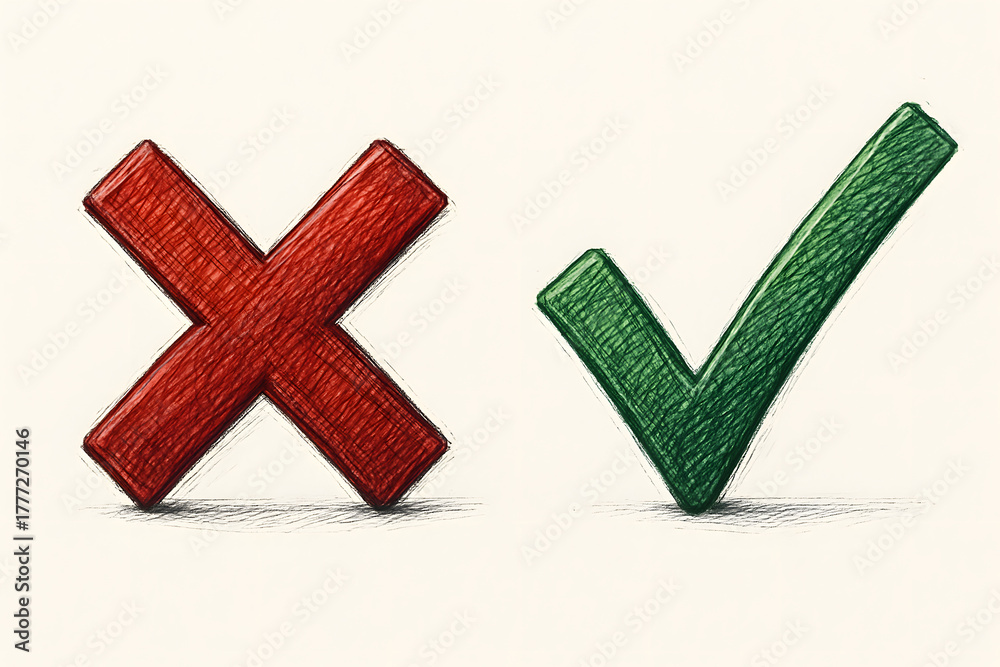 Obraz premium Checkmark and Cross Mark Icons: A bold, close-up image showcases a vibrant green check mark beside a striking red cross mark, symbolizing the fundamental concepts of acceptance and rejection.