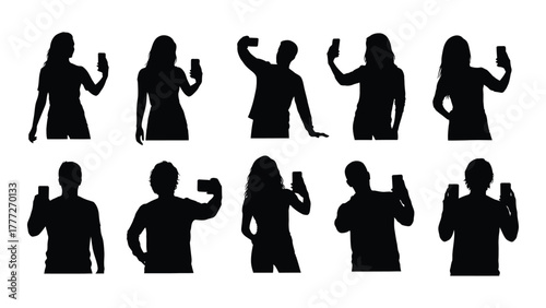 People taking selfies silhouettes isolated on white background, Vector