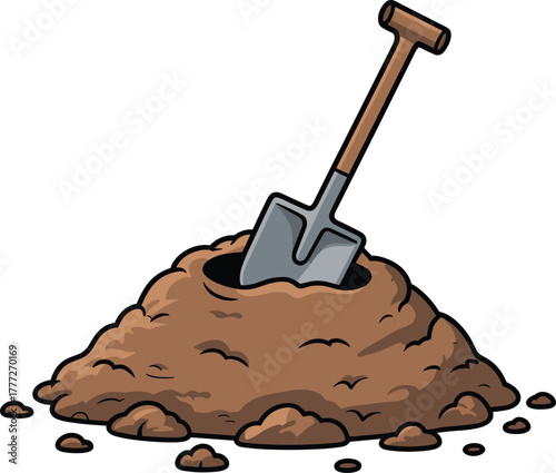 Shovel stuck in pile of brown dirt soil digging