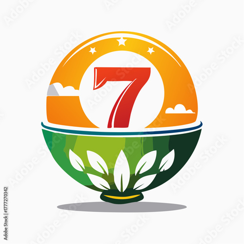 Auspicious numerical seven emblem with celestial and organic design elements