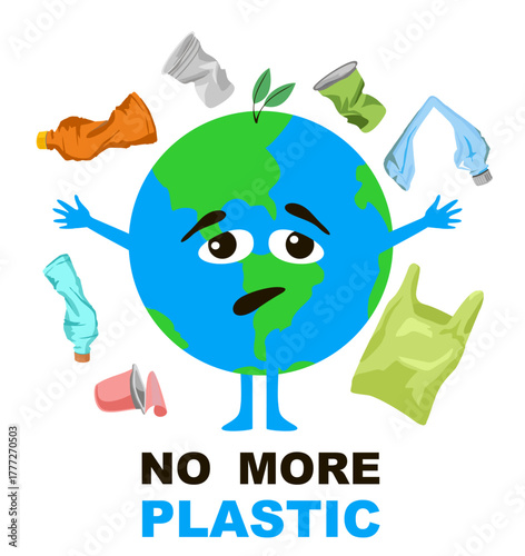 Sad planet Earth surrounded by plastic garbage: bottles, containers. Risk of more rapid increase in global warming. Poster against the environmental problem of pollution