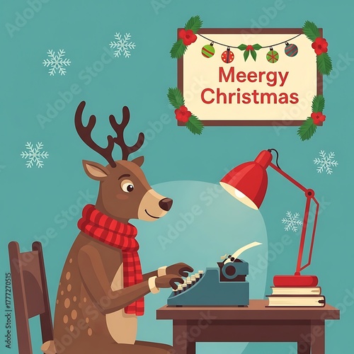 Cartoon reindeer wearing a red scarf typing on a vintage typewriter isolated on white background