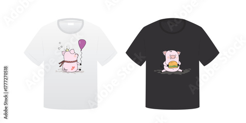 Black and white unisex short sleeve t-shirts with funny pig mascots. Tee design with piggy with hamburger and balloon, isolated on white background. Mockup, template for print.