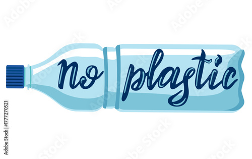 No plastic. Problem plastic pollution. Graphic element. Flat illustration, poster, banner. Waste reduction and pollution prevention symbol.  Hand drawn lettering quote