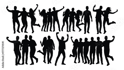 Group of celebrating people silhouettes isolated on white background, Vector