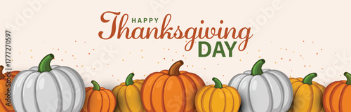 Happy Thanksgiving Day greeting card with pumpkins for poster, banner, postcard. Creative vector illustration design.