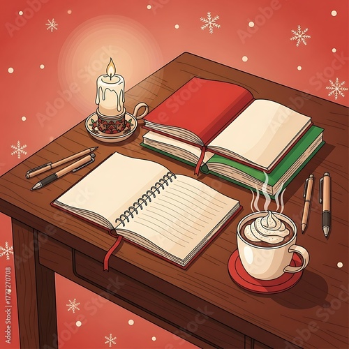 Cozy christmas writing scene with open notebook and hot drink isolated on white background