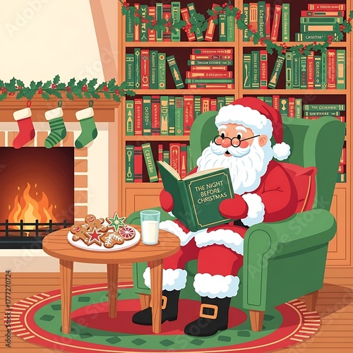Santa claus reading a book in a cozy armchair by the fireplace with cookies and milk isolated on white background