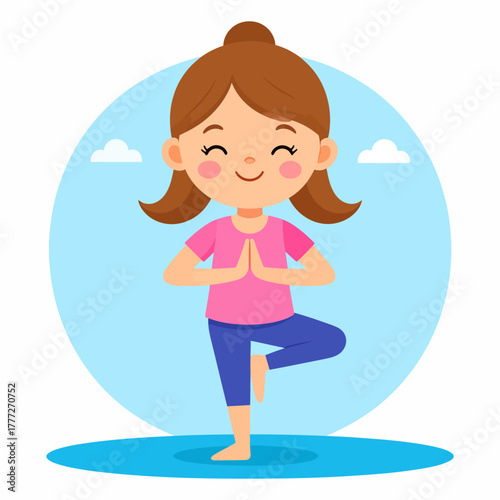 Cute cartoon girl in yoga tree pose, smiling, wearing pink shirt and blue pants, hands in prayer.