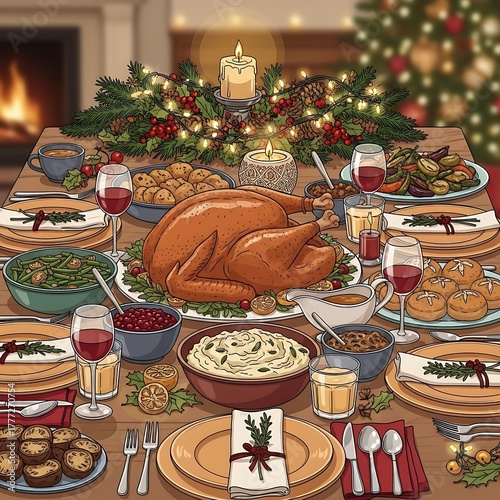 A festive thanksgiving dinner table laden with a roasted turkey and side dishes isolated on white background