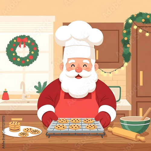 Santa claus wearing a chef hat and apron baking christmas cookies in a festive kitchen isolated on white background
