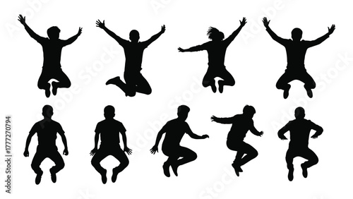 People jumping and squatting silhouettes isolated on white background, Vector