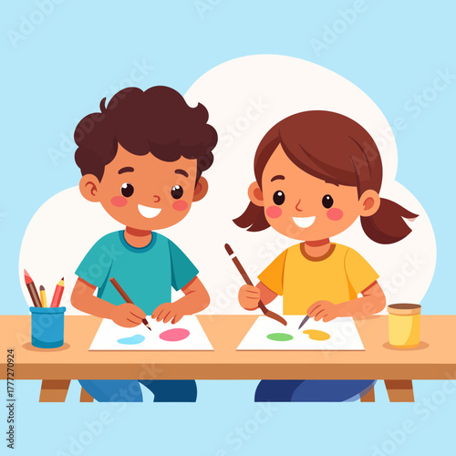 Two happy cartoon children, a boy and a girl, smiling while drawing and painting together at a wooden desk with art supplies.