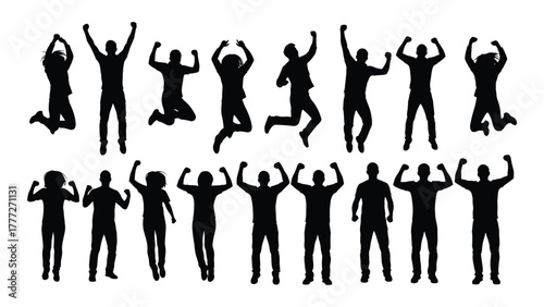 Energetic people silhouettes jumping and cheering isolated on white background, Vector