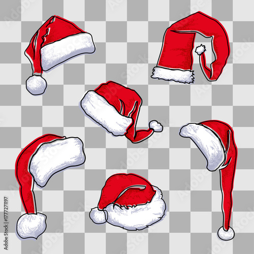 set of Christmas Santa Claus hats on a transparent background