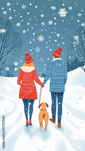 Couple walking their dog in the snowy winter landscape  