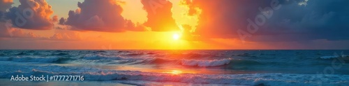 A vibrant sunrise over a tranquil ocean, symbolizing the serene pursuit of inner peace and joy Find happiness in the simple beauty of nature's wonders , clouds, tranquil